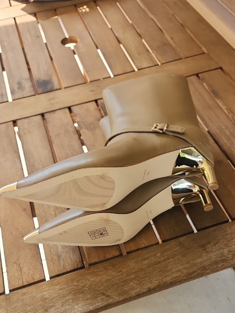 Micheal Kors Tan Pointed Toe Mid-Calf Boots with Gold Toe Cap and Heels - Picture 7 of 7